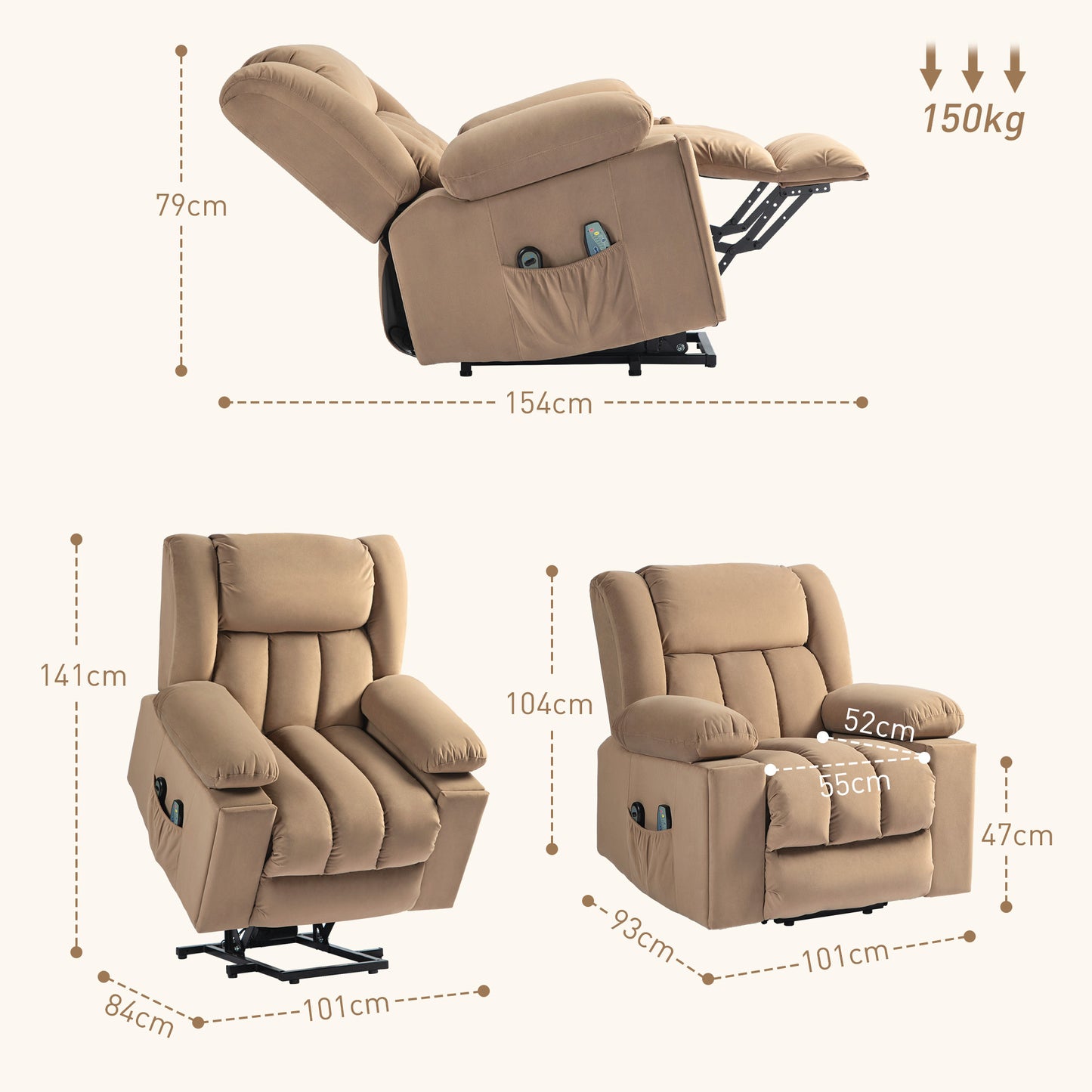 Power Lift Recliner Chair with Vibration Massage and Heat, Electric Lift Chair, Overstuffed Fabric Riser and Reclining Armchair - Light Brown