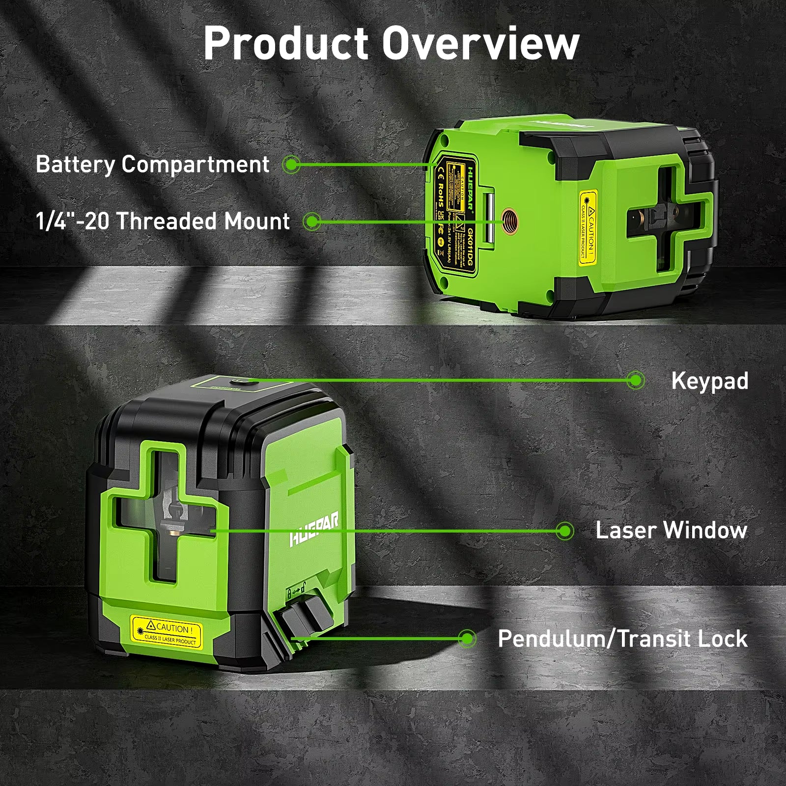 Huepar Cross Line Laser Level with 0.65M Tripod 2 Lines Germany Osram Self-Leveling Horizontal & Vertical Laser Leveling Tool