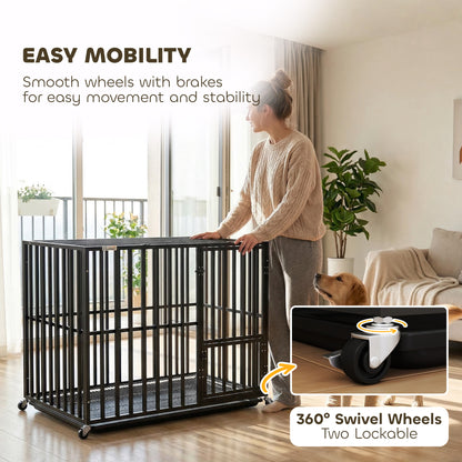 Heavy Duty Dog Crate with Wheels | 3-Door Access | Removable Tray | Top Playpen Opening | Extra Large Dogs up to 40kg | 107 x 69 x 81cm | Black