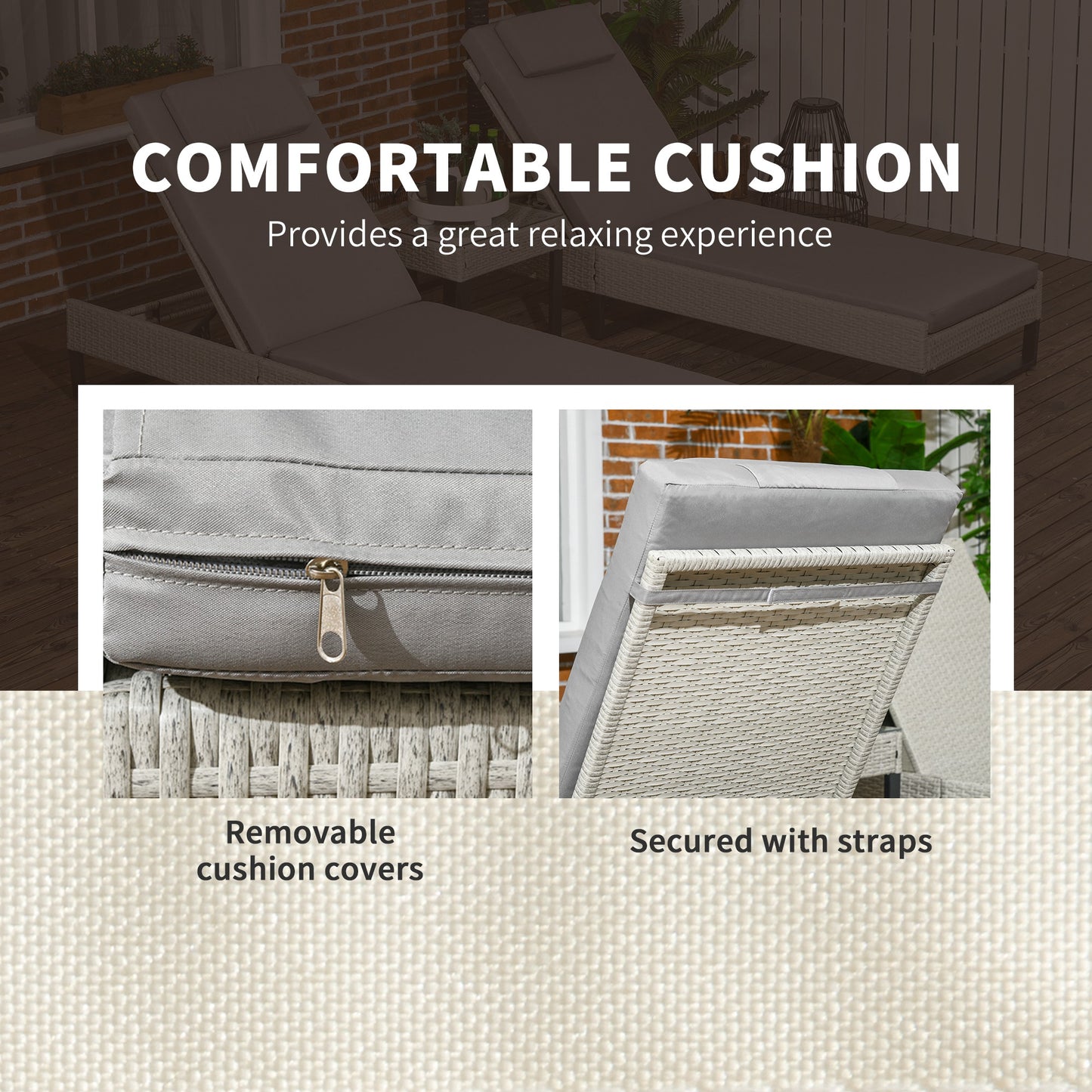 3-piece PE Rattan Patio Sun Lounger Set with Adjustable 5-Position Recline With Cushions, Headrests, Glass Top Square Coffee Table, Light Grey