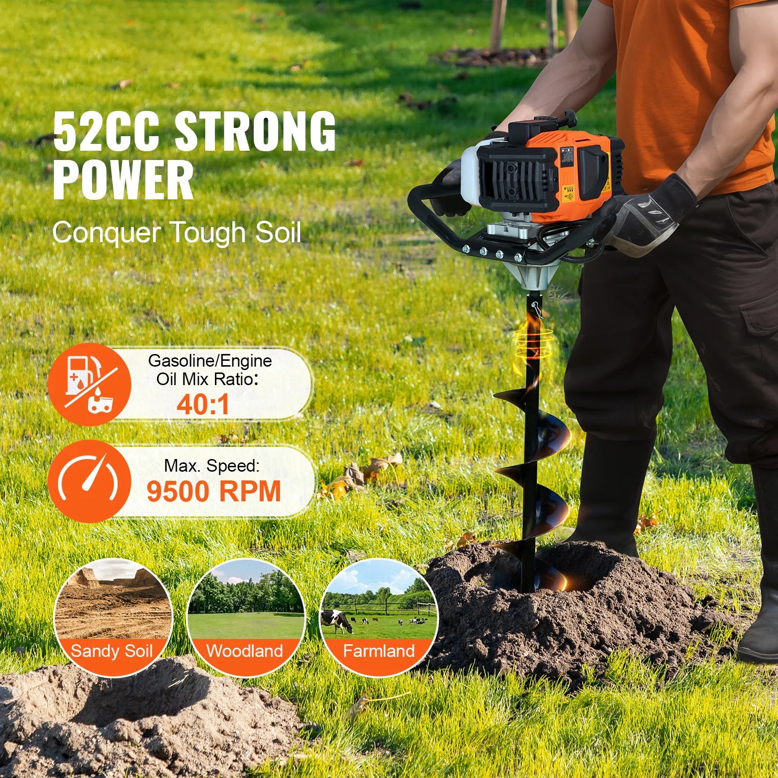 Succebuy Post Hole Digger Gas Powered 52CC 1450W Earth Auger Gas Auger W/ 6”&10” Auger Drill Action Design Bits& Extension Rods