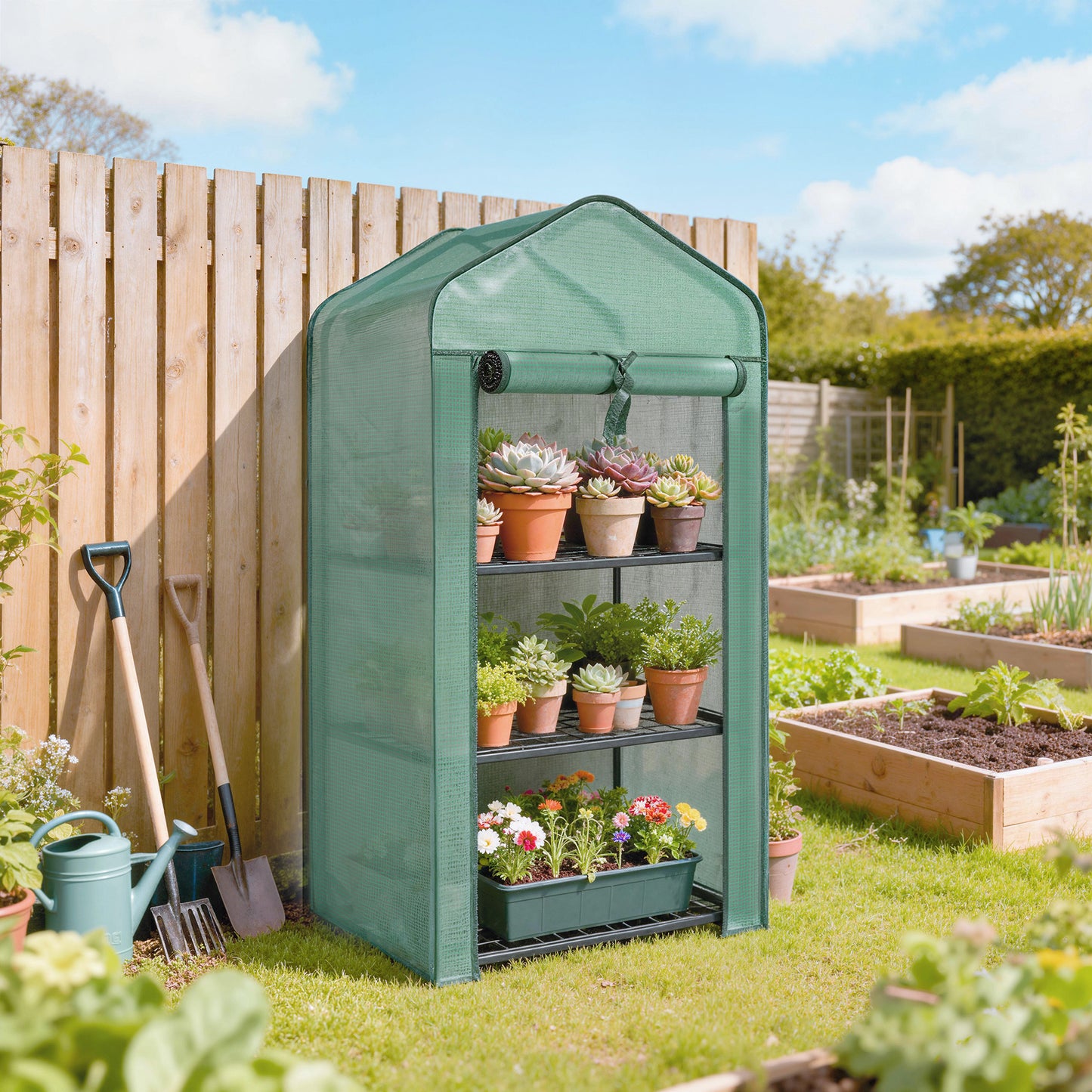 3-Tier Mini Greenhouse | Steel Frame | 140gsm PE Cover | Roll-Up Zip Door | 5kg Per Shelf | 59x39x127cm | Green