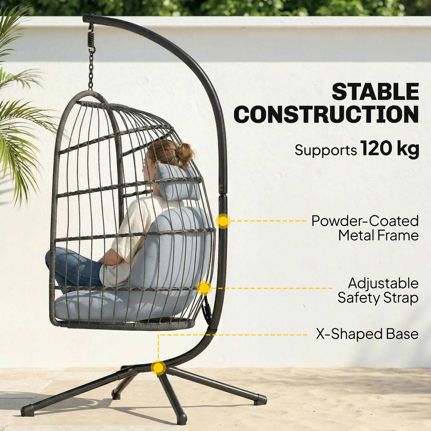 Hanging Egg Chair with Stand | 15cm Cushion | Foldable Basket | Safety Strap | Dark/Light Grey
