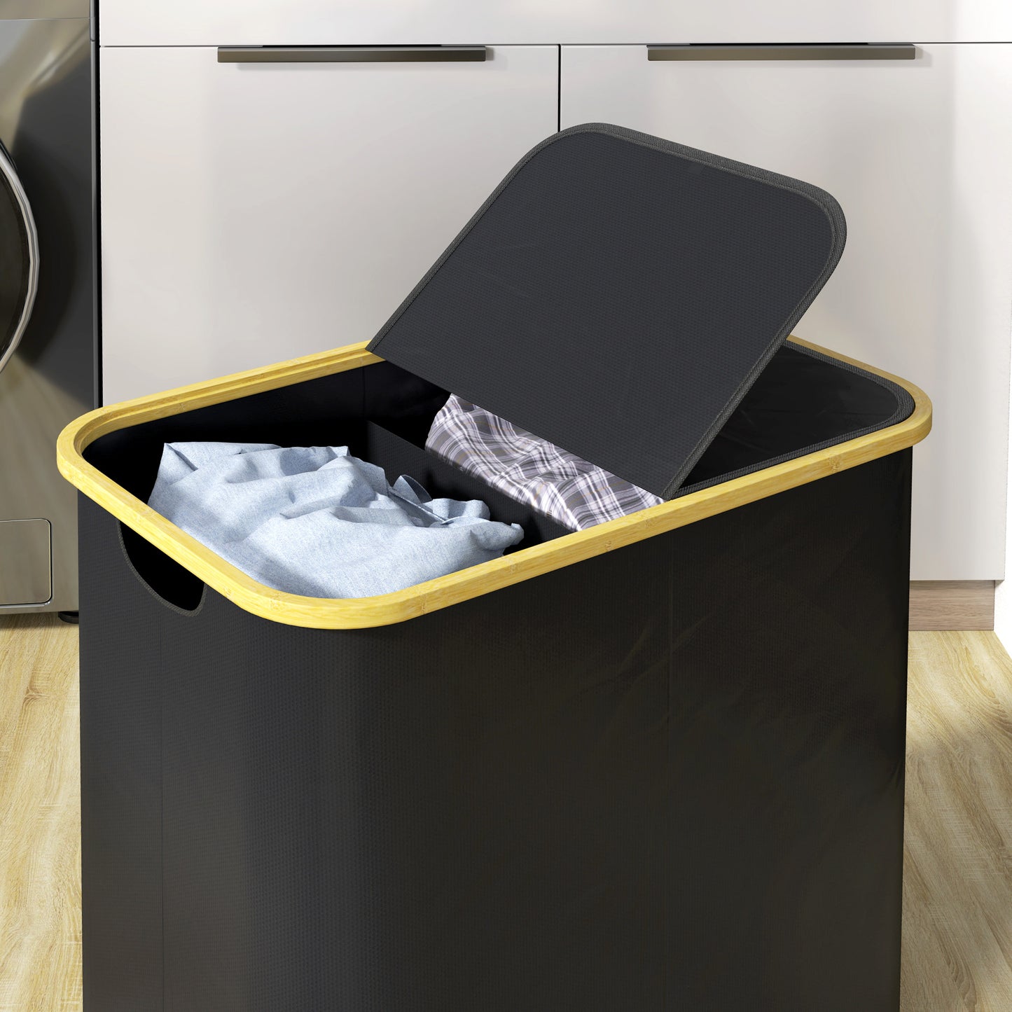 Double Laundry Basket With Lid, 80L Collapsible Laundry Hamper with Groove Handles, Washing Basket for Bathroom, Bedroom, Laundry Room, Black
