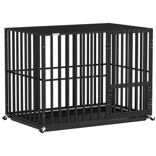 Heavy Duty Dog Crate with Wheels | 3-Door Access | Removable Tray | Top Playpen Opening | Extra Large Dogs up to 40kg | 107 x 69 x 81cm | Black