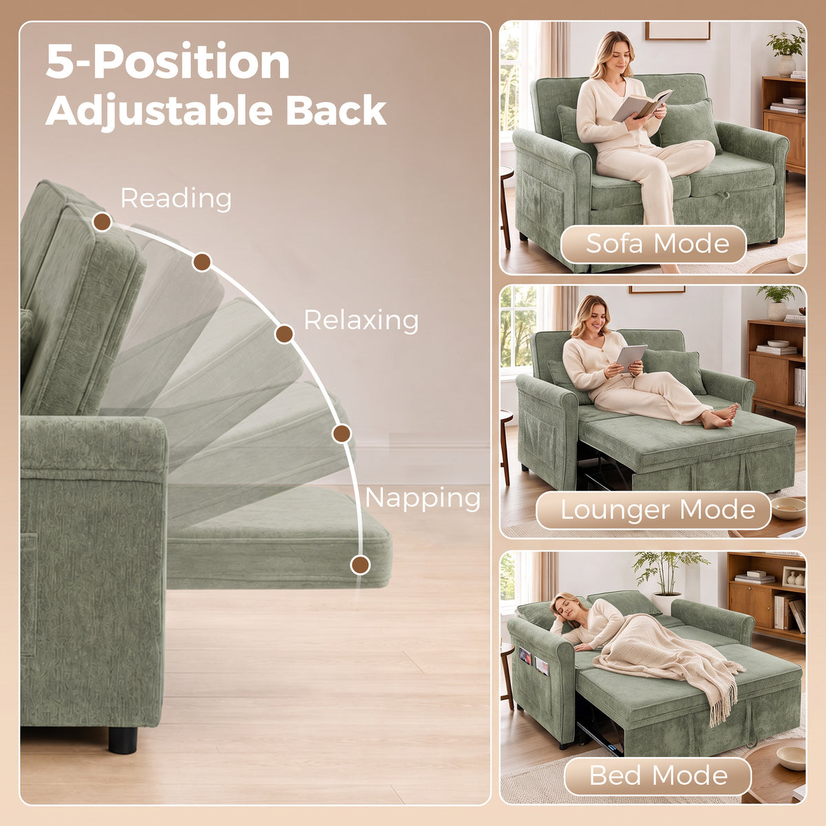 2 Seater Sofa Bed | 3-in-1 Convertible Chenille Sleeper Sofa with Pull-Out Bed, 5-Position Backrest & Side Pockets | 190 x 130 cm | Light Green or Grey