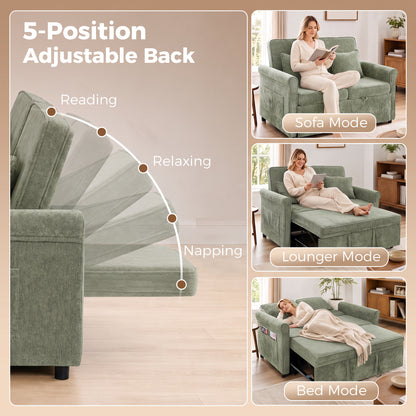 2 Seater Sofa Bed | 3-in-1 Convertible Chenille Sleeper Sofa with Pull-Out Bed, 5-Position Backrest & Side Pockets | 190 x 130 cm | Light Green or Grey