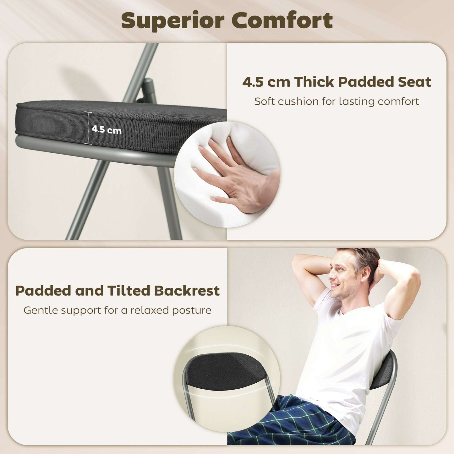 Set of 4 Folding Corduroy Chairs | High Back | Padded Seat & Back | Steel Frame | 120kg | No Assembly | Dark Grey