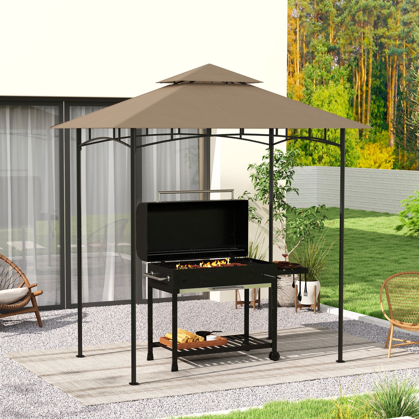Grill Gazebo Replacement Canopy Roof for 1.5 x 2.4m Frame, UPF50+ Protection, Double Tiered 5' x 8' Outdoor BBQ Gazebo Cover Replacement
