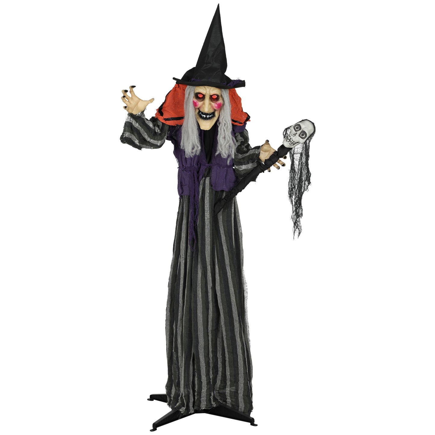 160 cm Life Size Halloween Animated Standing Witch & Skull Staff with Glowing LED Eyes & Head, Spooky Witch Scary Halloween Decorations, Battery Operated, Indoor Party Props