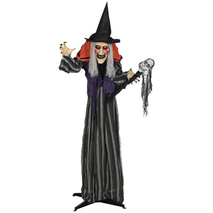 160 cm Life Size Halloween Animated Standing Witch & Skull Staff with Glowing LED Eyes & Head, Spooky Witch Scary Halloween Decorations, Battery Operated, Indoor Party Props