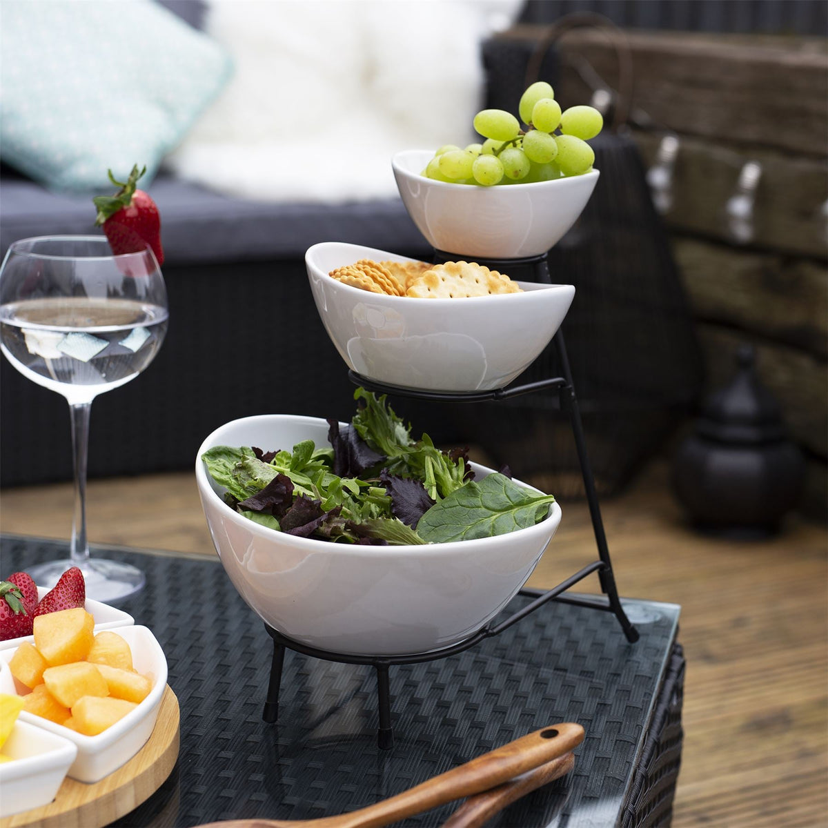 Maison & White 3-Tier Serving Bowl Set | 3 White Ceramic Snack Bowls & Black Iron Stand | Graduated Buffet, Party & Sharing Display | 27cm Stand