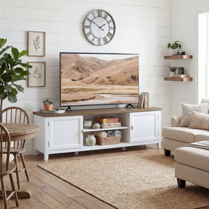 Farmhouse TV Stand | 140cm | Up to 42" TV | 2 Cabinets | 2 Open Shelves | Gold T-Bar Handles | Cable Holes | 50kg | White