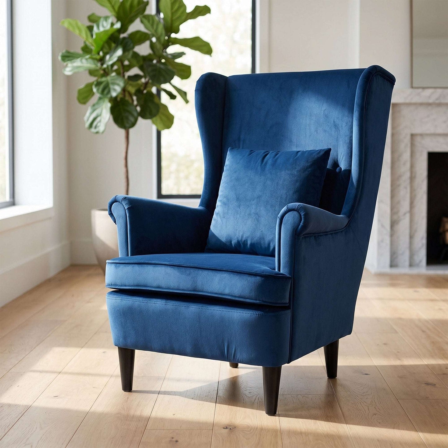 Velvet Wingback Accent Chair | 70cm High Back | Removable Washable Pillow Cover | Thick Sponge Seat | Solid Wood Legs | Non-Slip Pads | 120kg Capacity | 75x83x104cm | Blue