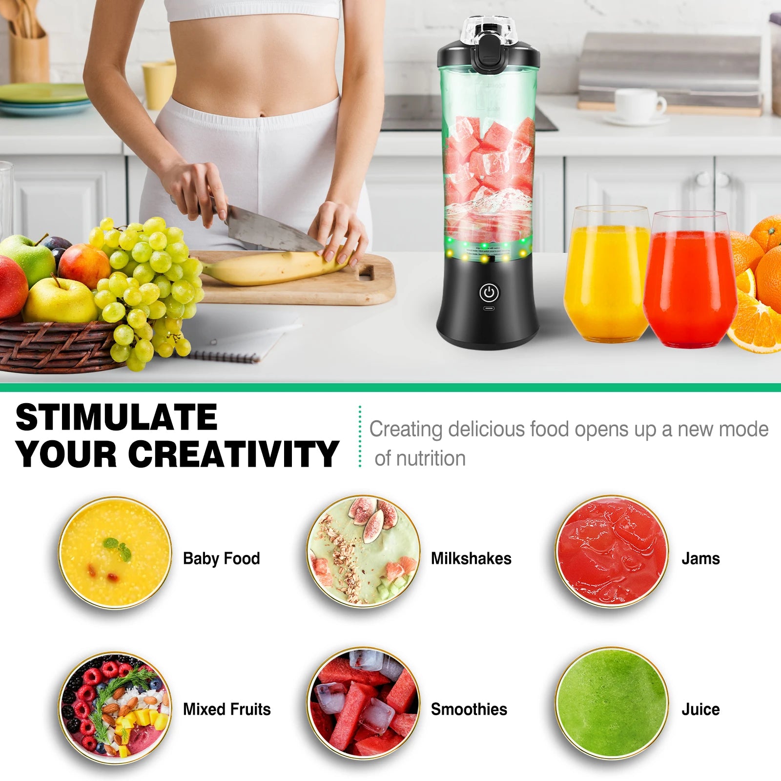 600ML Portable Mini Blender, Usb Rechargeable Small Smoothie Blending Machine, Large Capacity Travel Blender Portable Smoothies, Blends Ice