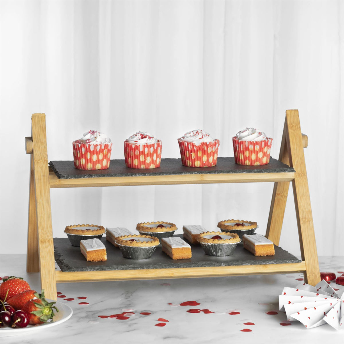 Maison & White 2 Tier Slate & Bamboo Food Stand | Foldable Frame | Removable Slate Platters | 32x42x25.5cm | 670g | Desserts Antipasti Entertaining | Assembly Required