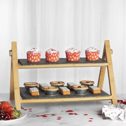 Maison & White 2 Tier Slate & Bamboo Food Stand | Foldable Frame | Removable Slate Platters | 32x42x25.5cm | 670g | Desserts Antipasti Entertaining | Assembly Required