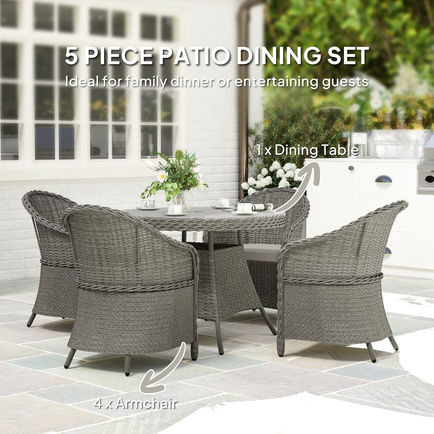 4 Seater Rattan Garden Furniture Set with Cushions, Round PE Rattan Dining Set with Glass-Top Table, Umbrella Hole, Outdoor Garden Table and Chairs