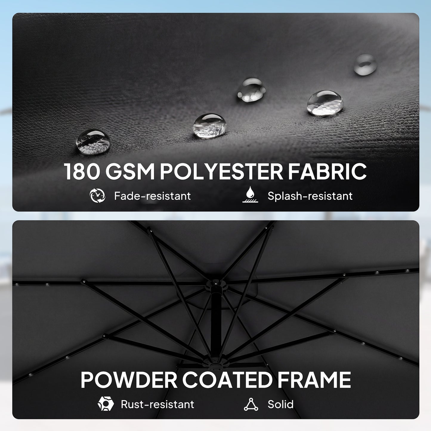 3m Cantilever Parasol with 32 Solar LED Lights | 295cm Canopy | 8 Metal Ribs | Crank Lift | Water-Repellent | 2 Wind Ropes | Cross Base & Cover Included | Black