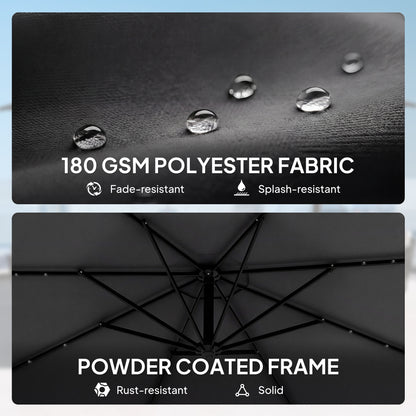 3m Cantilever Parasol with 32 Solar LED Lights | 295cm Canopy | 8 Metal Ribs | Crank Lift | Water-Repellent | 2 Wind Ropes | Cross Base & Cover Included | Black