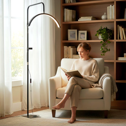 Half Moon Lash Light, Beauty Floor Lamp with 350° Rotatable Head, 7 Colour Temperature and Phone Holder, Dimmable Standing Lamp for Eyelash Extension, Tattoo, Nails, Skincare, Black