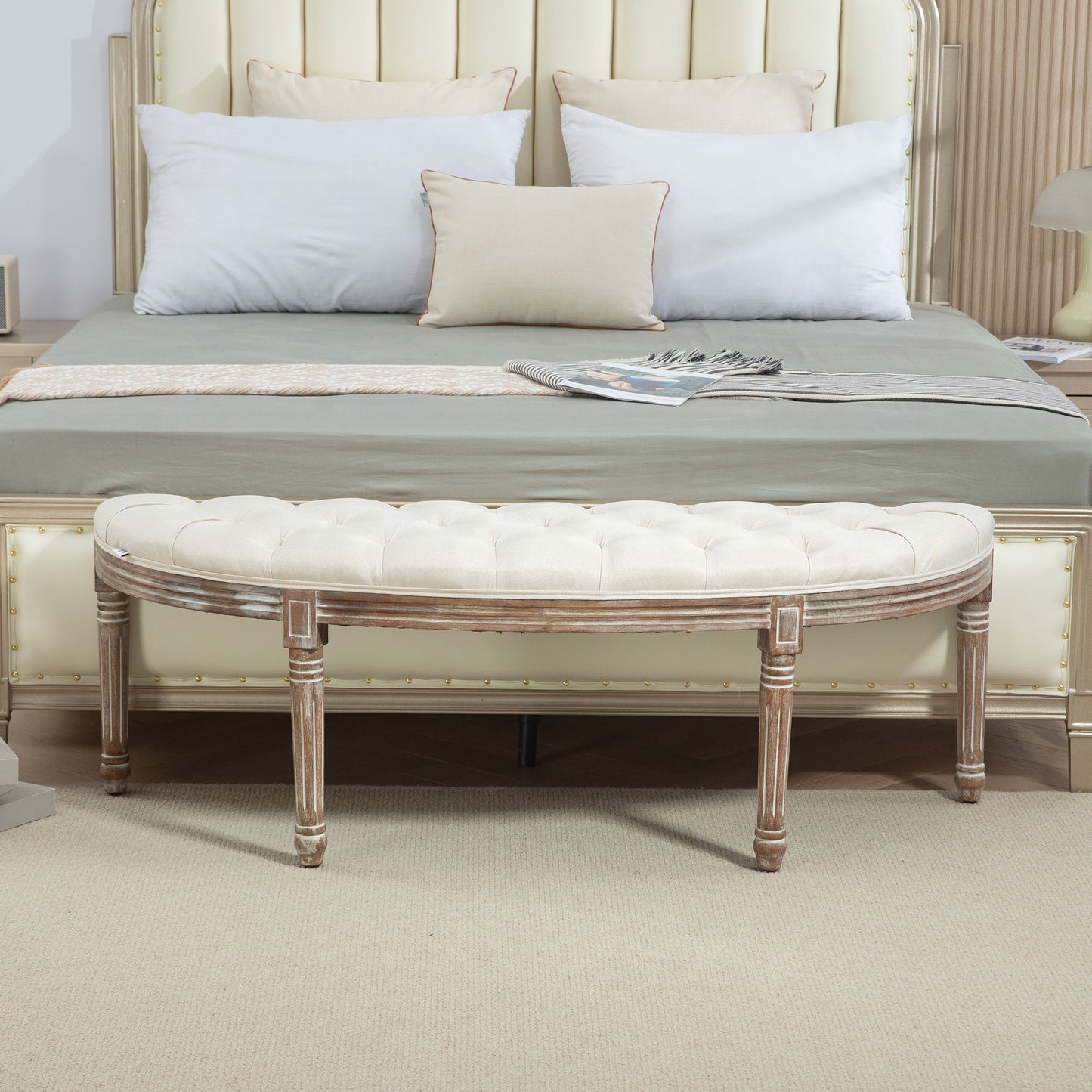Half Circle Padded Bed End Bench Bedroom Furniture - Cream White
