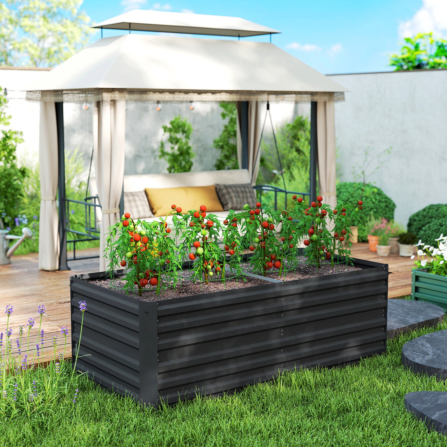 Deep Galvanised Steel Raised Garden Bed | Multi-Reinforced Rods | Protective Coating | Open Bottom | Indoor & Outdoor | 180x90x59cm | Plants Veg Herbs & Flowers | Black