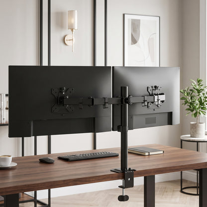 Dual Monitor Stand | 2 Screens up to 32 Inch | Height Adjustable, Tilt, Swivel & 360° Rotation | 20kg Capacity | Black Steel