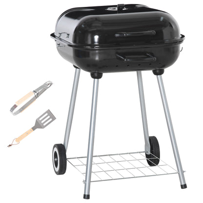 Outsunny Portable BBQ Charcoal Grill with 2 Wheels and Cooking Utensils, Smoker Grill with Lid for Outdoor Barbecues, Camping, Picnic