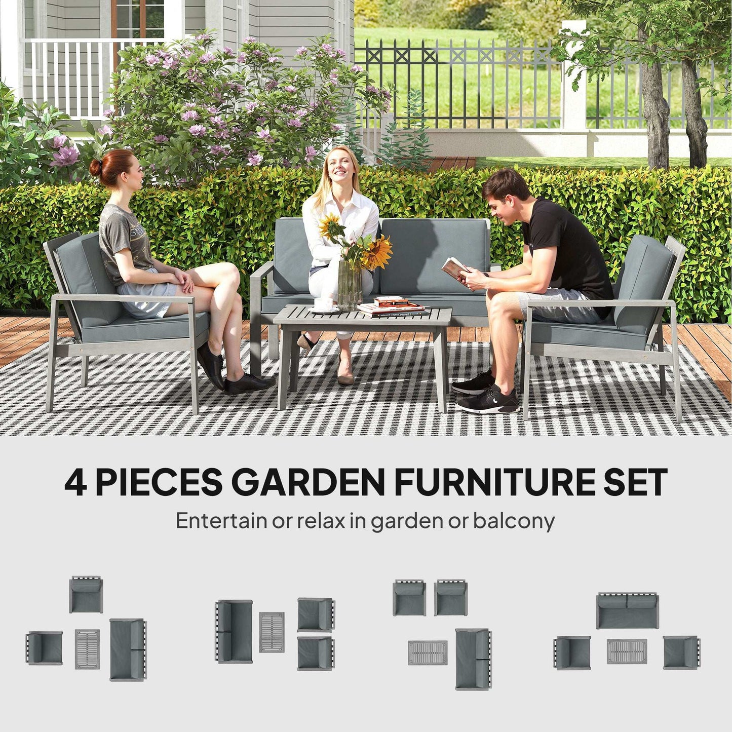 Outsunny 4-Piece Acacia Wooden Garden Furniture Set with Cushions - Light Grey