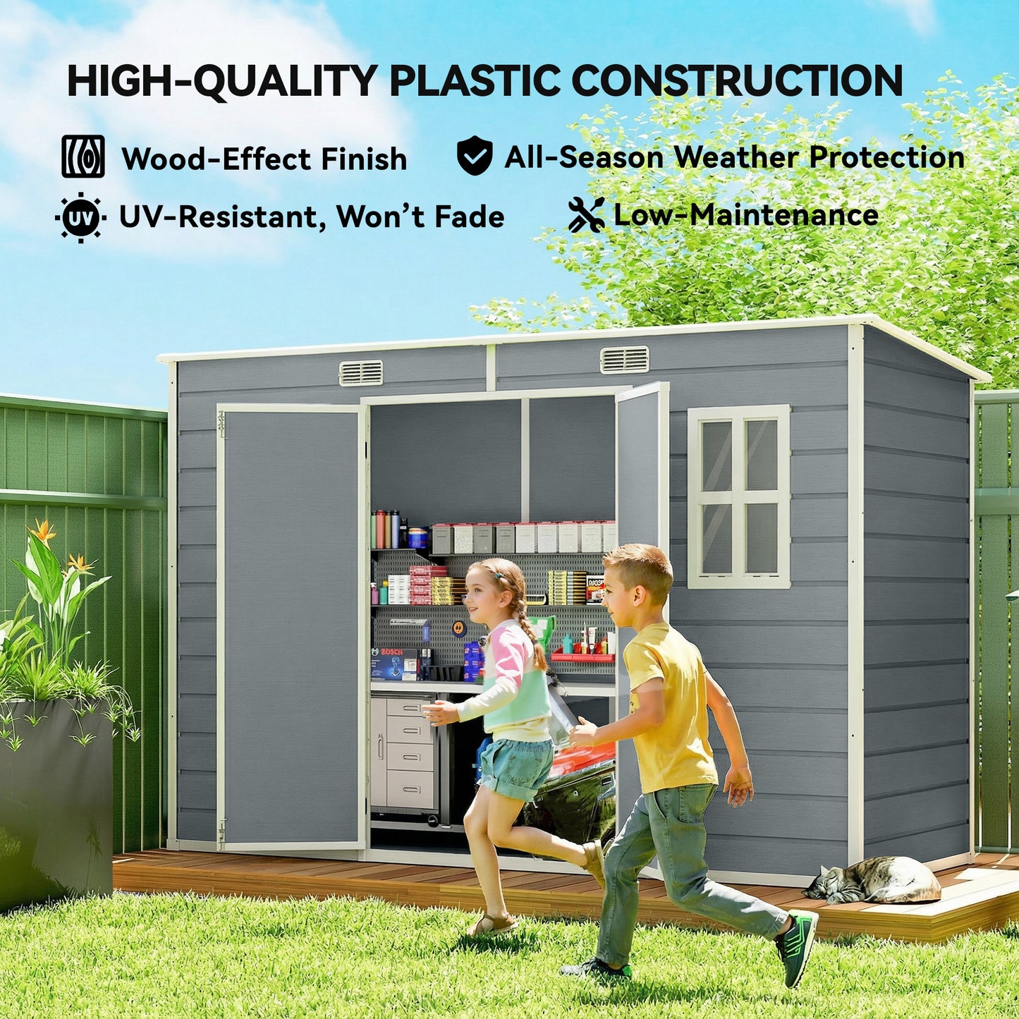 Large PP & Aluminium Garden Storage Shed | Built-In Floor | Double Doors | Lock & Keys | 2 Windows | 2 Vents | UV-Resistant | 40kg/m² Snow Load | 303x123x197cm | 3.2m² | Mowers Bikes & Tools | Grey