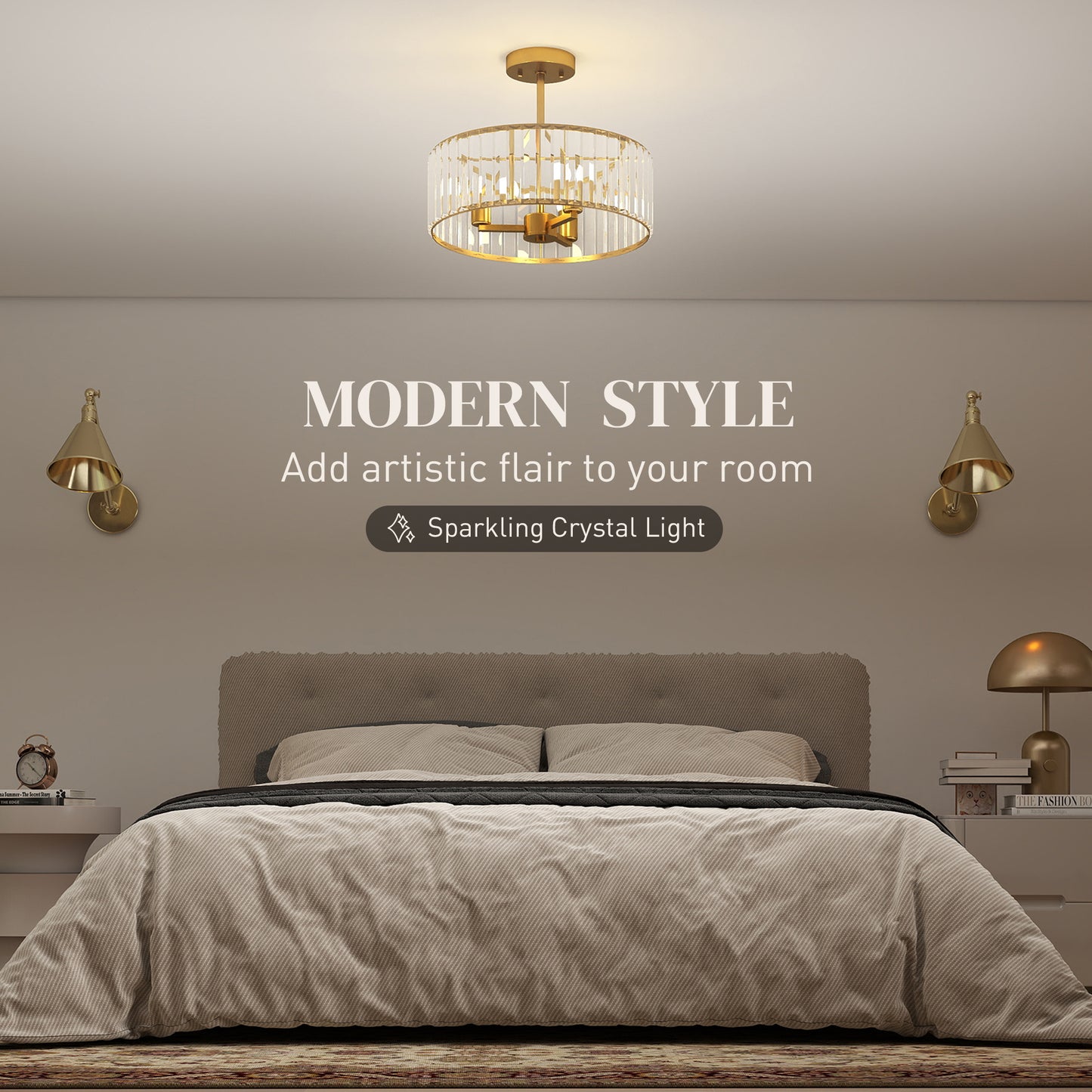 Crystal Ceiling Light Fixture, Semi Flush Mount Modern Crystal Chandelier Ceiling Light for Living Room, Bedroom, Hallway,  Dining Room, E14 Base 3-Lights, Gold Tone