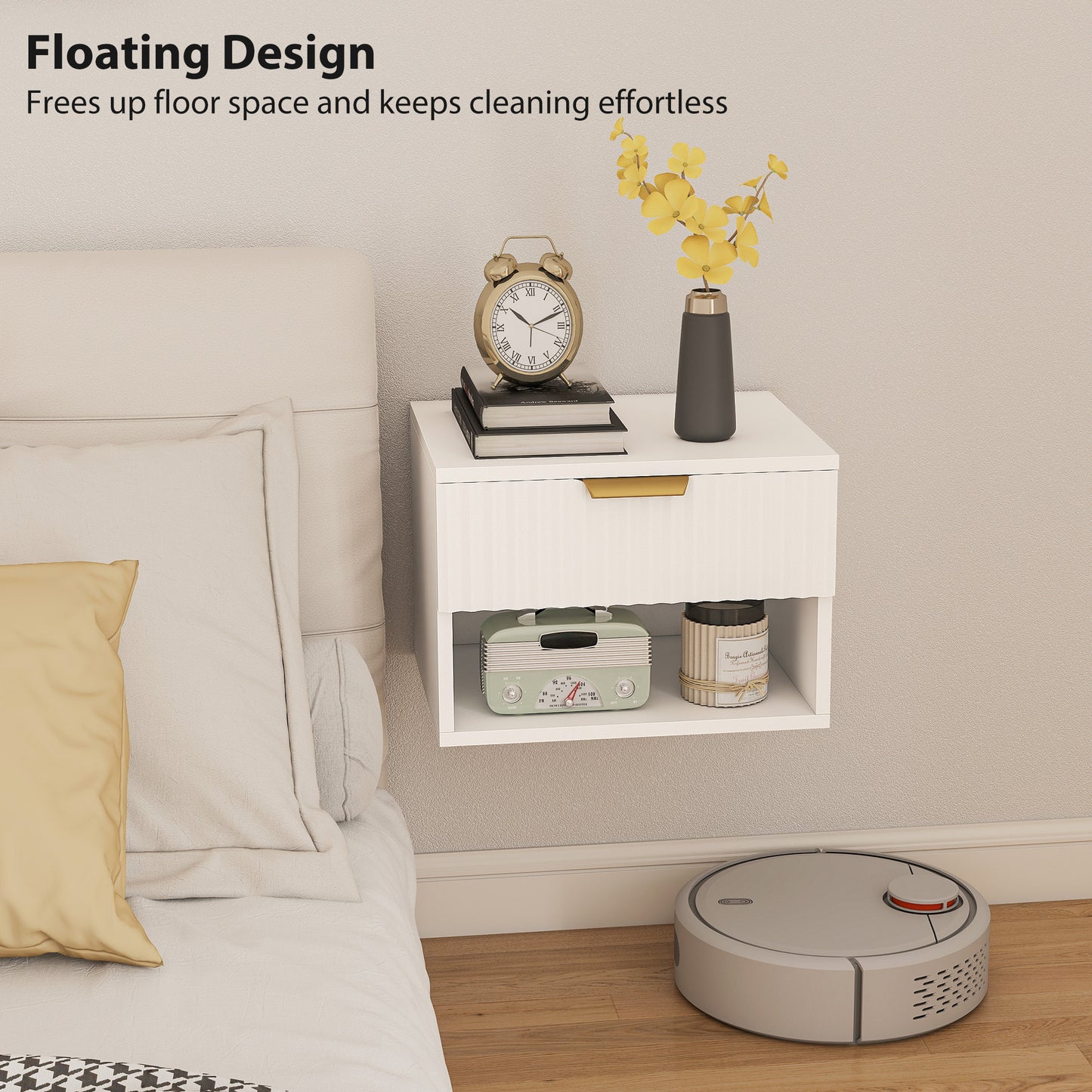 Floating Nightstands Set of 2, Modern Wall Mounted Bedside Tables with Fluted Drawer and Open Shelf for Bedroom, White