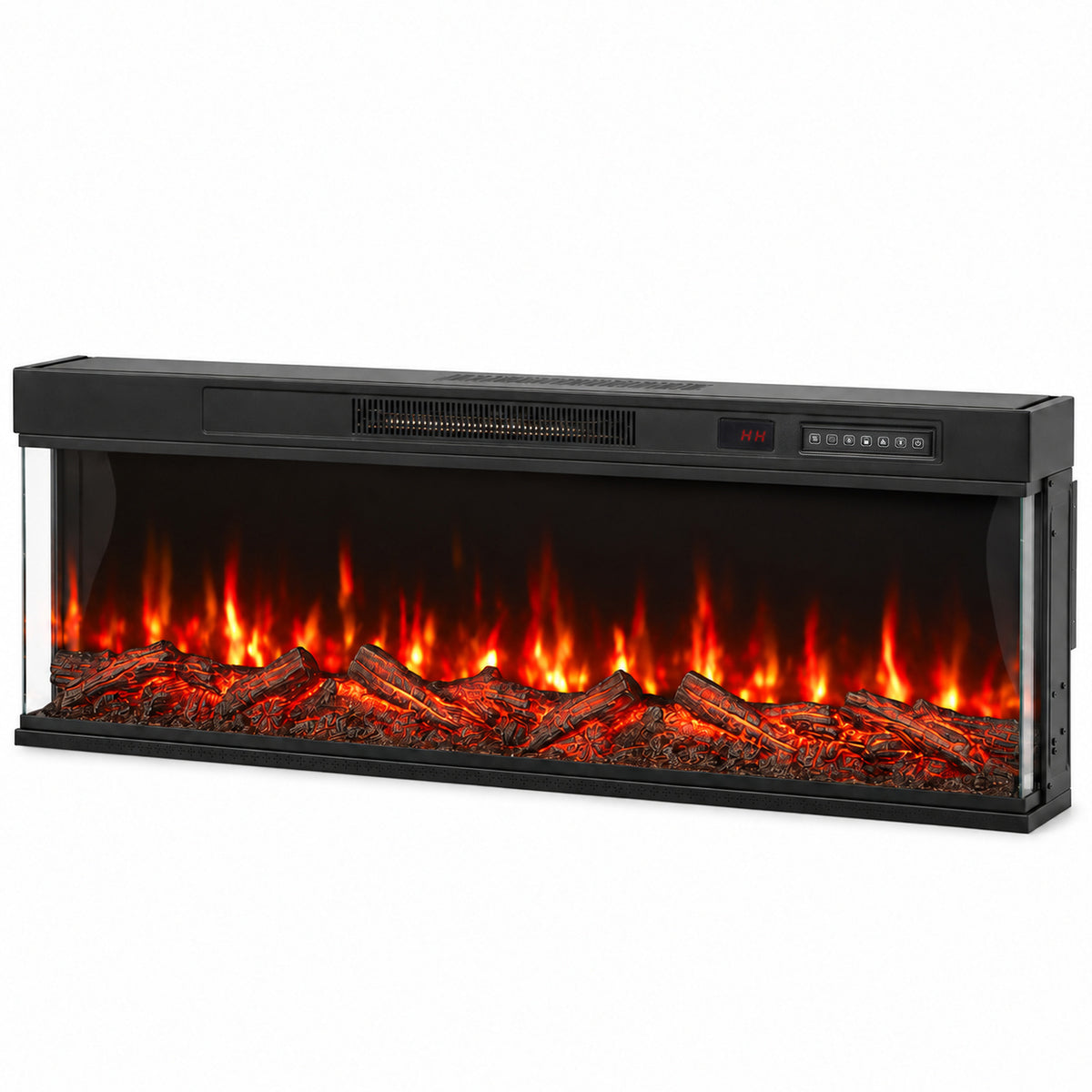 127cm Electric Fireplace Insert | 3-Sided Panoramic Log Effect | 900/1800W, 12 Colours, Remote & Timer | Black