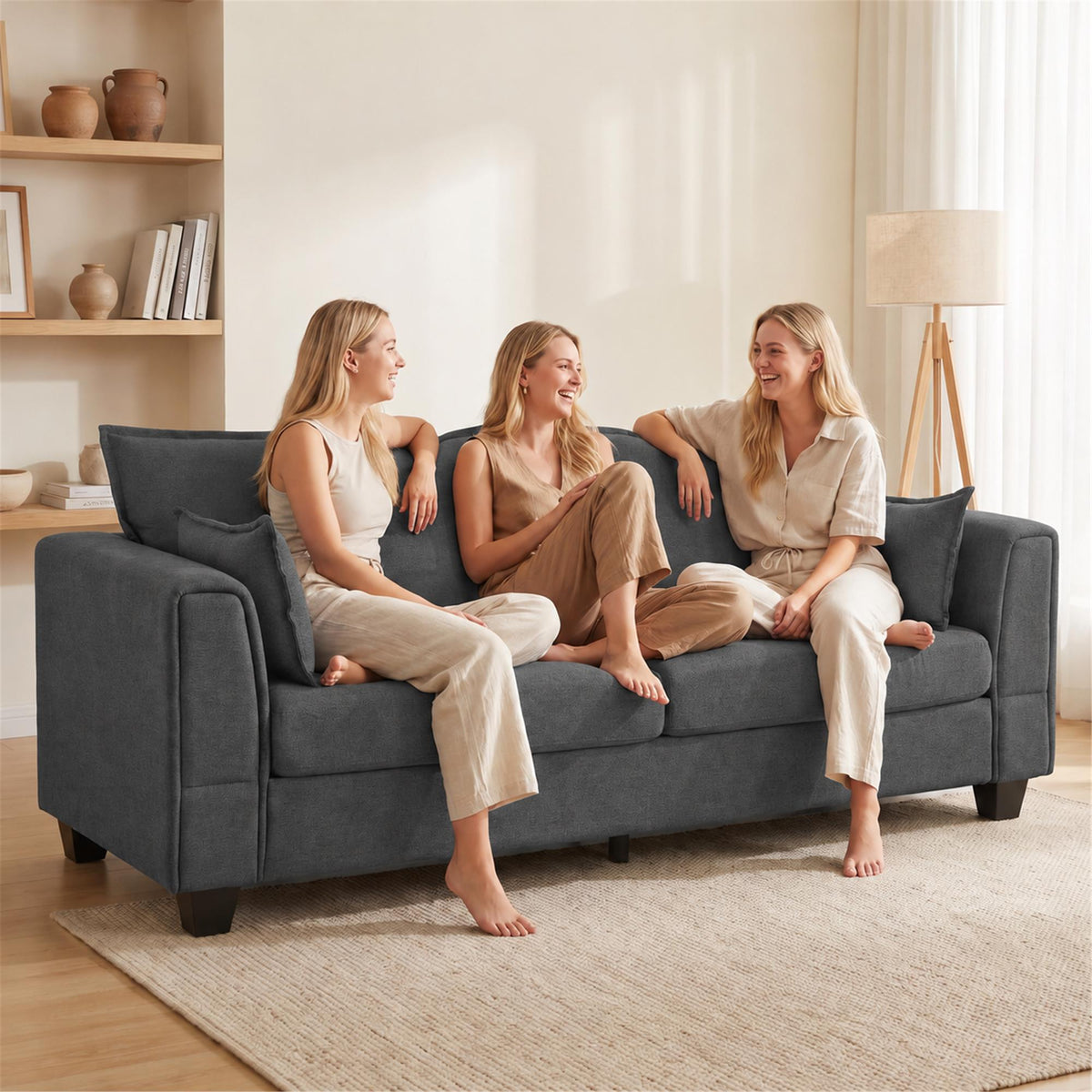 3 Seater Sofa | 200cm Linen-Look Polyester Couch | Pocket-Spring Seats, Padded Arms & 2 Cushions | Dark Grey or Dark Blue