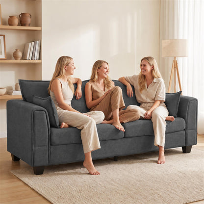 3 Seater Sofa | 200cm Linen-Look Polyester Couch | Pocket-Spring Seats, Padded Arms & 2 Cushions | Dark Grey or Dark Blue