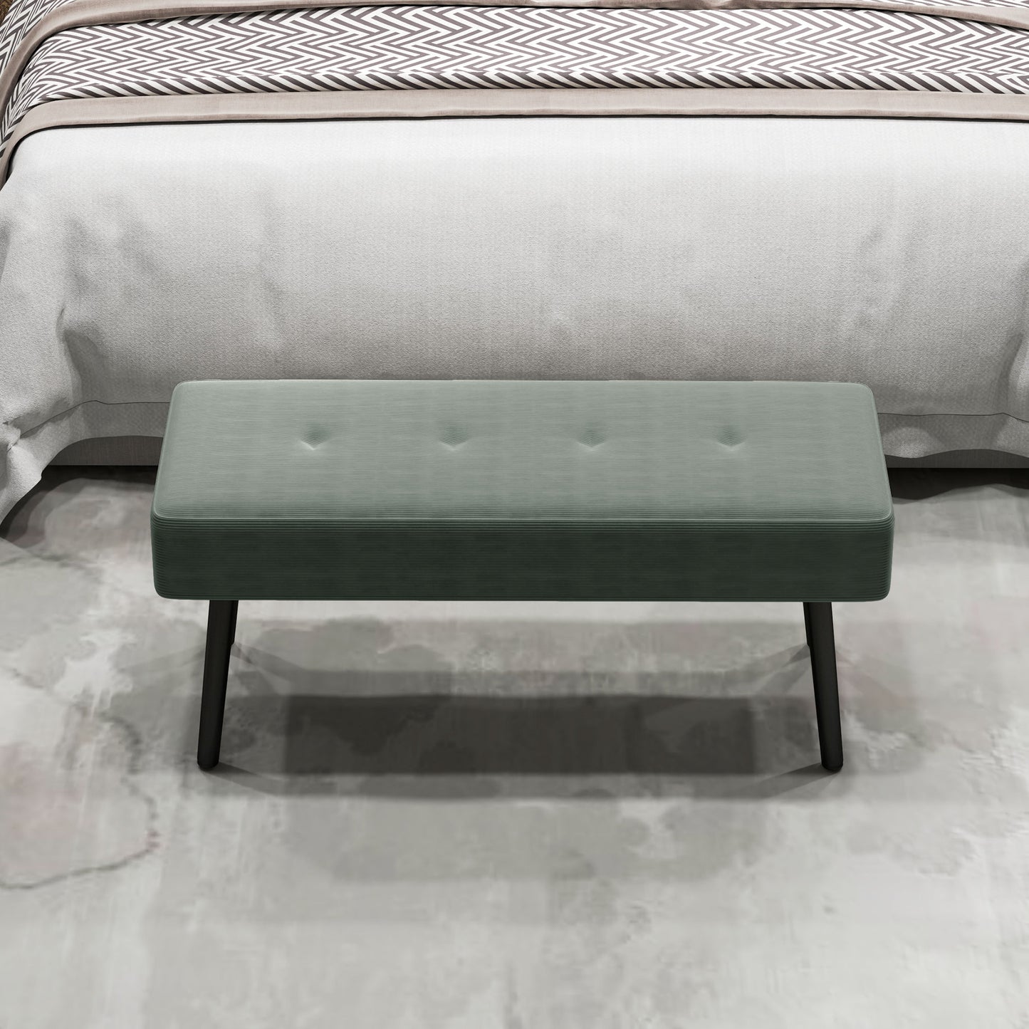 End of Bed Bench, Corduroy Bedroom Bench with Thick Padding and Steel Legs, Tufted Window Seat for Entryway, Living Room, Green