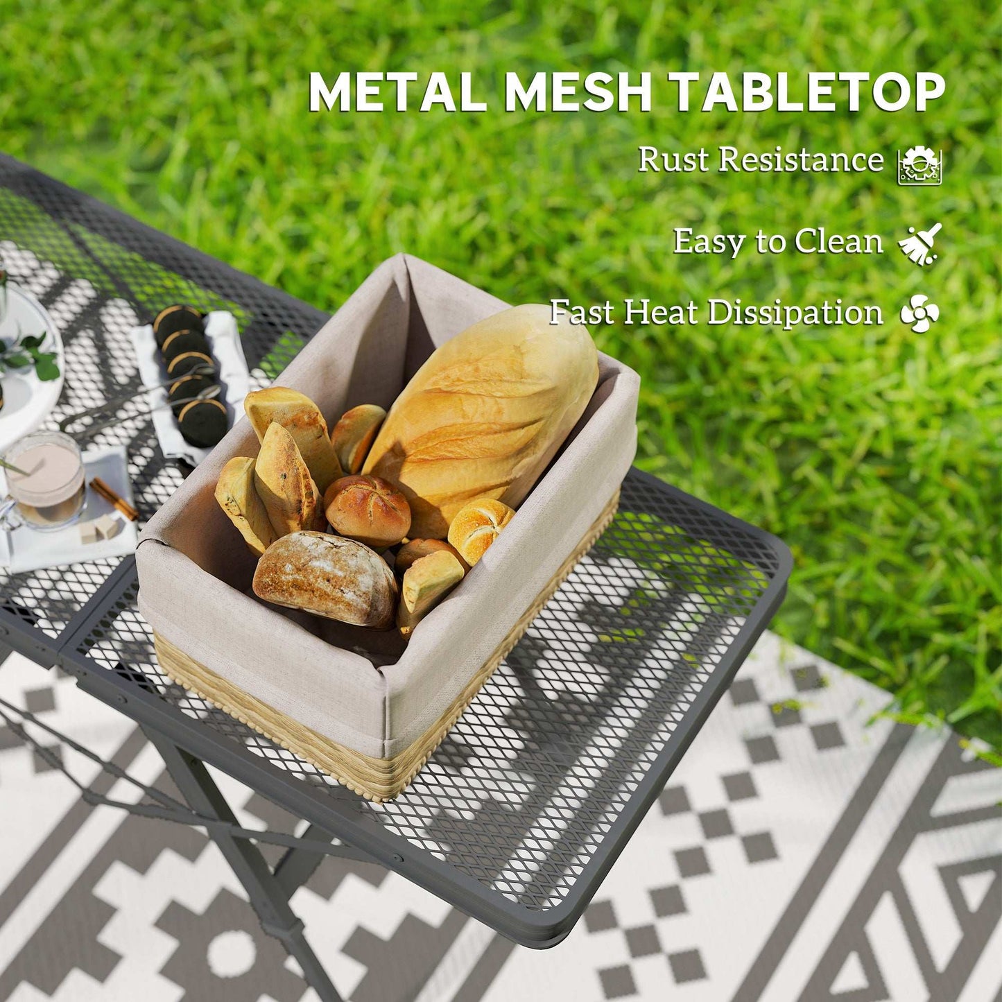 3 ft Folding Camping Table w/ Adjustable Heights, Outdoor Folding Picnic BBQ Table with Metal Mesh Desktop & Aluminium Legs, Lightweight