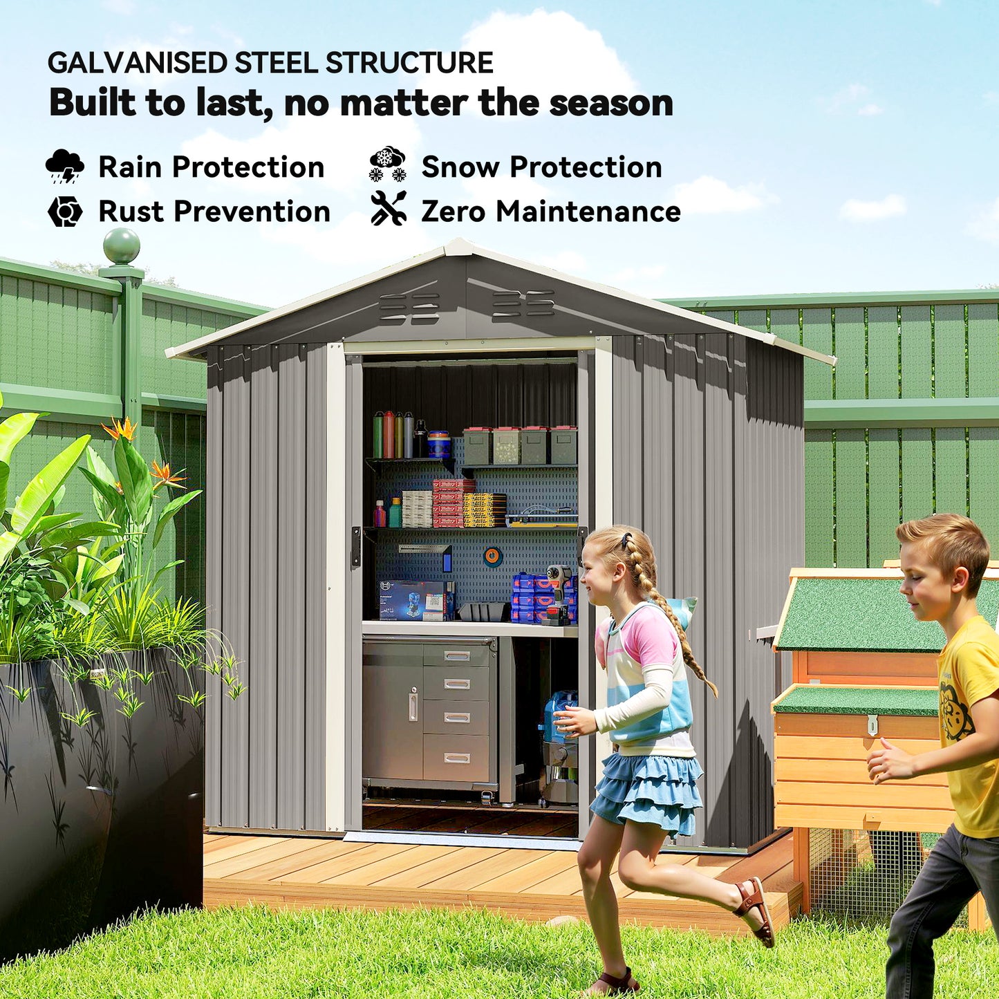 Galvanised Steel Garden Storage Shed | Double Sliding Lockable Door | 4 Vents | Sloped Roof | Steel Tile Roof & Walls | 194x107x191cm | 1.8m² | Light Grey
