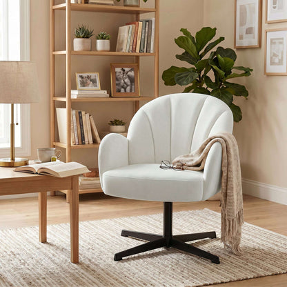 Shell-Shaped Swivel Accent Chair | 360° Swivel | 11cm Spring-Packed Seat | Velvet-Feel Fabric | Metal Base | Plastic Floor Pads | 120kg | 64.5x68x80cm | Cream