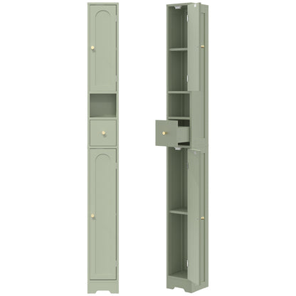 Slim Tall Bathroom Cabinet | 185H x 20W x 20D cm | 2 Arched Doors, Drawer & Adjustable Shelves | Light Green