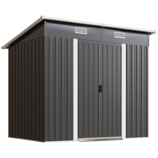 7x4ft Lean-To Metal Garden Shed | Corrugated Galvanised Steel | Sloped Roof | Sliding Door | 2 Front Vents | Foundation Kit Included | 203x130x182cm | Black
