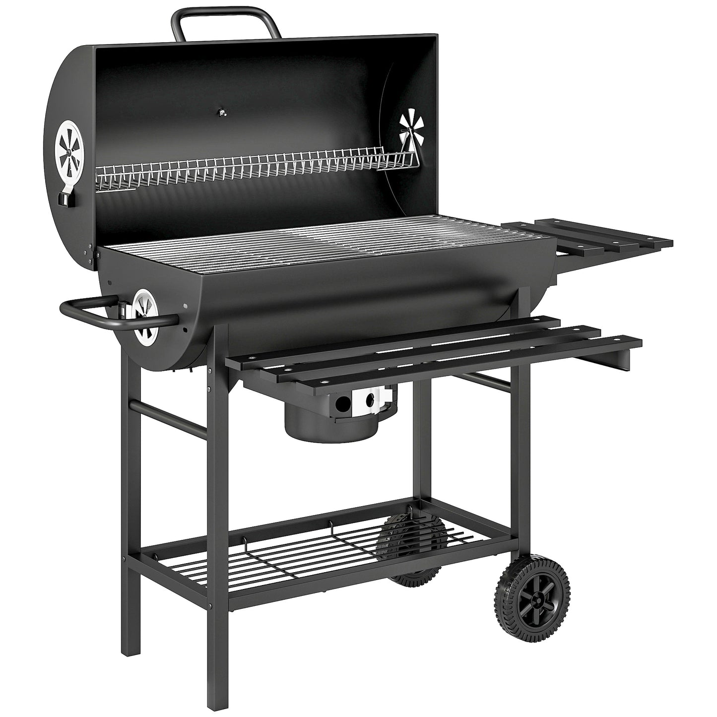 Charcoal BBQ Grill with Foldable Front Side Shelf, Portable Barbecue Smoker with Warming Rack, Bottom Shelf, Lid, Temperature Gauge