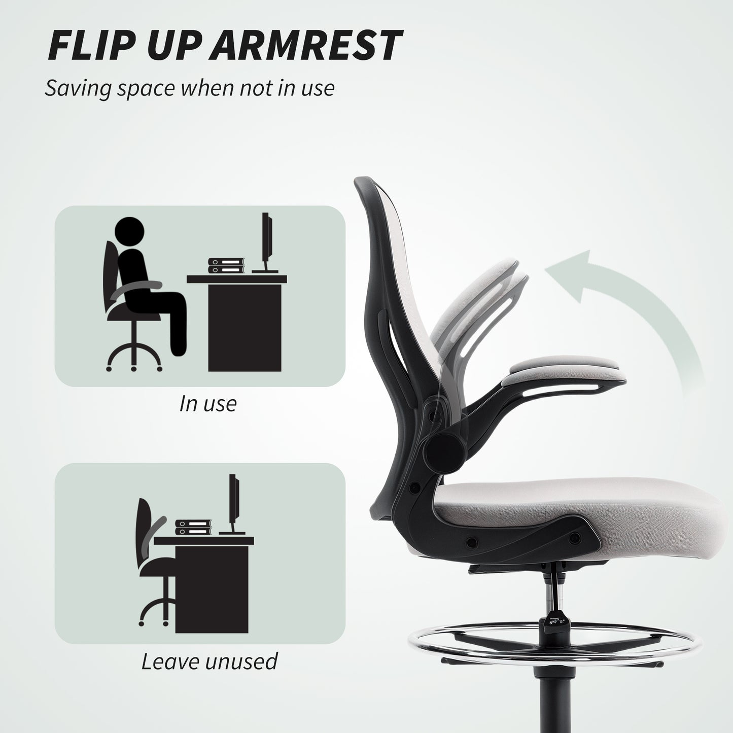 Vinsetto Adjustable Mesh Standing Desk Chair with Flip-up Armrests Lumbar Support Armrests Adjustable Footrest Ring Grey
