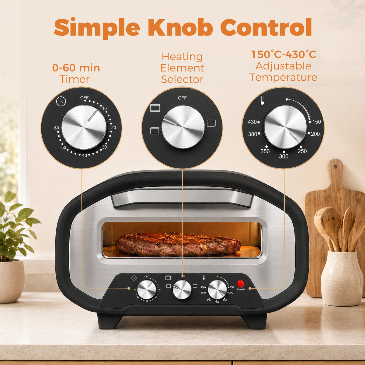 Electric Pizza Oven | 2200W Grey Countertop Pizza Maker with 430°C Ceramic Stone