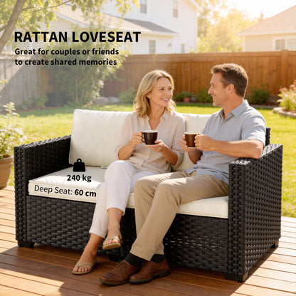 2 Seater Rattan Garden Sofa | 60cm Deep Seat | 8cm Seat & 15cm Back Cushions | Wide Armrests | Powder-Coated Steel Frame | 240kg | 128x68x71cm | Black
