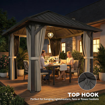 Outsunny 3 x 3(m) Hardtop Gazebo with Galvanised Steel Roof and Water Gutter, Waterproof Permanent Pavilion Garden Gazebo with Netting and Curtains for Patio, Deck, Black