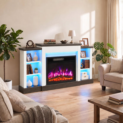 138cm Electric Fireplace TV Stand | 6 Shelves, RGB LED Lighting & 12 Flame Colours | 900/1800W, Thermostat, Remote & Timer | White/Dark Brown