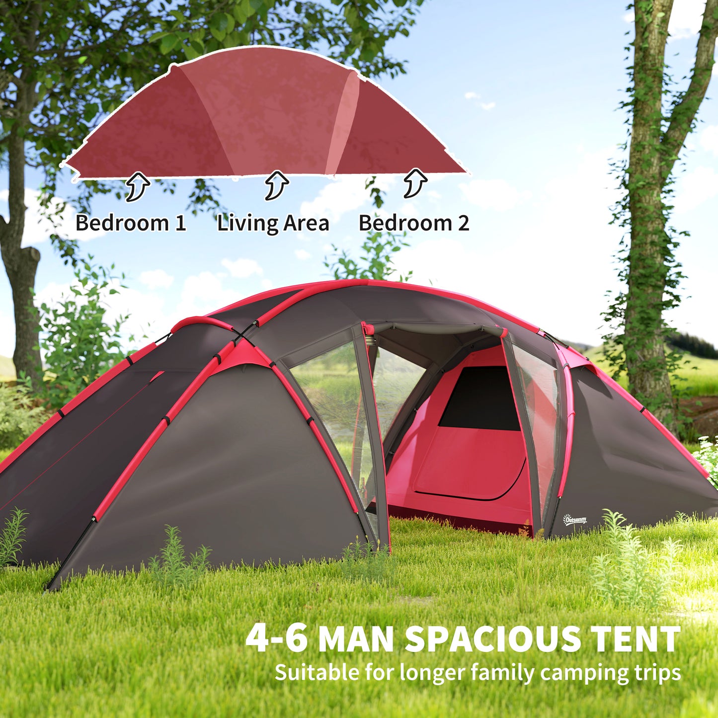 4-6 Man Family Camping Tent w/ 2 Bedrooms and a Living Room, Waterproof Tunnel Tent w/ Sewn In Groundsheet, Doors, Windows, Bag