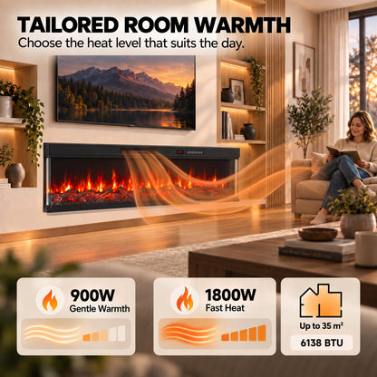 153cm Electric Fireplace Insert | 3-Sided Panoramic Log Effect | 900/1800W, 12 Colours, Remote & Weekly Timer | Black